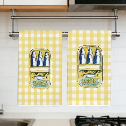 2条夏季黄色格子沙丁鱼罐头图案厨房毛巾，柔软涤纶材质，适用于厨房装饰、清洁、节日派对装饰、厨房和浴室用品、家居装饰、乔迁礼物