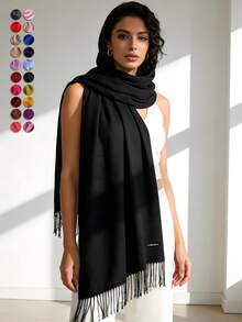Khăn choàng nữ màu đen đa năng, siêu mỏng, dài, có tua rua, chất liệu giả cashmere, kiểu dáng đơn giản, thanh lịch, ấm áp và thoáng mát, thích hợp sử dụng hàng ngày, bốn mùa, đi chơi và làm quà tặng. - màu đen - Xem 1