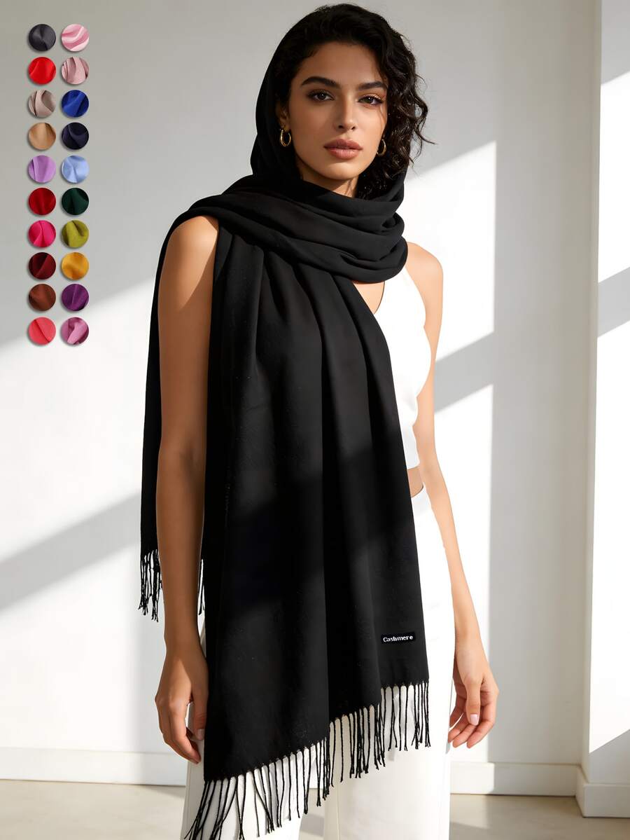 Khăn choàng nữ màu đen đa năng, siêu mỏng, dài, có tua rua, chất liệu giả cashmere, kiểu dáng đơn giản, thanh lịch, ấm áp và thoáng mát, thích hợp sử dụng hàng ngày, bốn mùa, đi chơi và làm quà tặng. - màu đen - Xem 1