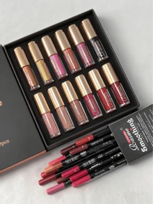 12-Piece Liquid Lipstick Set And 12/24-Piece Professional Lip Liner Combination, Matte Silky Lip Makeup Set, Suitable For Creating A Well-Defined Lip Effect, Long-Lasting Waterproof, Non-Stick Cup Lip Color, Women's Gift Set, Butterfly Shiny Shell, Is The Perfect Gift Choice For Christmas. Easter Gift - 新多色 - 查看 15