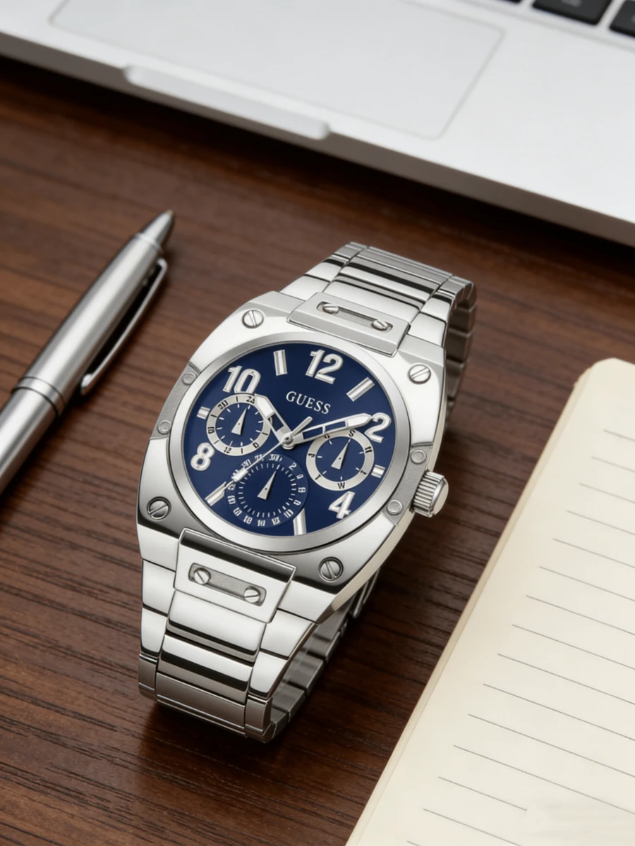 Guess 这款男士石英表采用不锈钢材质，经典的银色不锈钢表壳搭配深蓝色表盘和指针式设计。表盘为圆形，而表壳则采用枕形设计，使其成为送给他的理想礼物。 - 藍色 - 查看 1