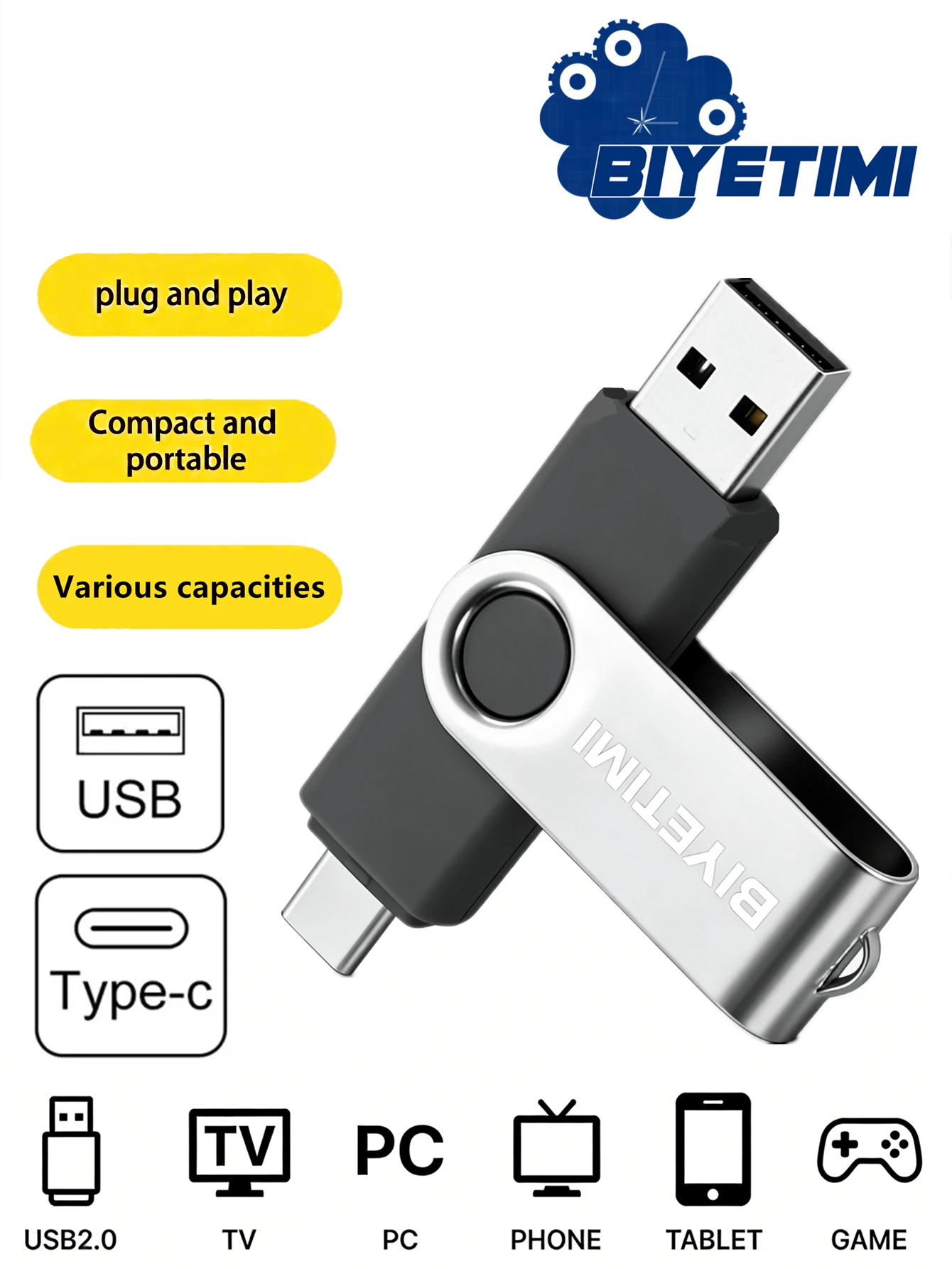 Unidad flash USB 2.0 OTG tipo C de Biyetimi de 64GB, 32GB o 128GB de capacidad real para smartphone y tableta