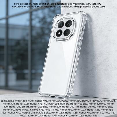 Lens Protection, High-Definition, Shatter-Resistant, Anti-Yellowing, Ultra-Thin, Soft, TPU, Crystal Clear, Drop-Proof, Scratch-Resistant, Shockproof Airbag Protective Phone Case, Compatible With Magic7 Lite, Honor X9c, Honor X5C PLUS, Honor X5C, HONOR Play10A, Honor X8d, Honor X70, Honor X9d, Honor X7d, HONOR 400 Smart 5G, Honor 400 Lite