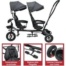 Joykoo Triciclo Doble para Niños Asiento Giratorio Gemelar Luz Sonido Cinturón de Segurida Llantas de Goma Apto a partir de 1 Año - Negro - Ver 4