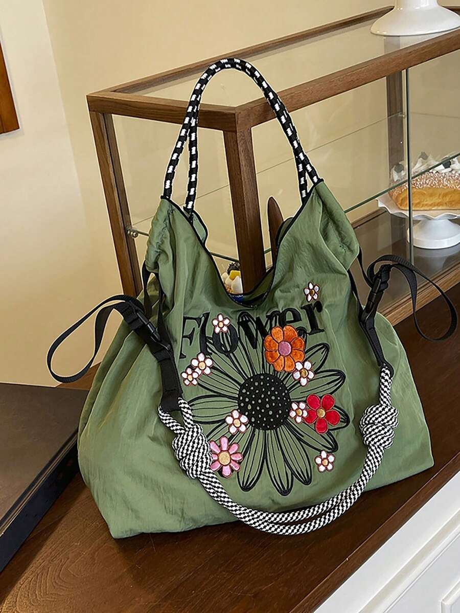 新款刺绣雏菊大容量手提包，女士时尚百搭单肩手提包 - 彩色 - 查看 1
