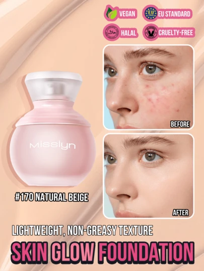 Misslyn Skin Glow Matte Foundation - Light Matte Sweat-Resistant Foundation, Long-Lasting, Breathable, Oil-Control, Pore-Minimizing, Waterproof, Transfer-Proof, Lightweight Liquid Foundation, Suitable For Y2K Makeup, Party, Beach, Travel, Camping, Outdoor, Gift, Rose Fashion Girl, New Year Cosmetics, Role-Play, Best Travel Holiday, Colorful Campus School Charm Atmosphere, Chinese New Year, Vegan, Cruelty-Free