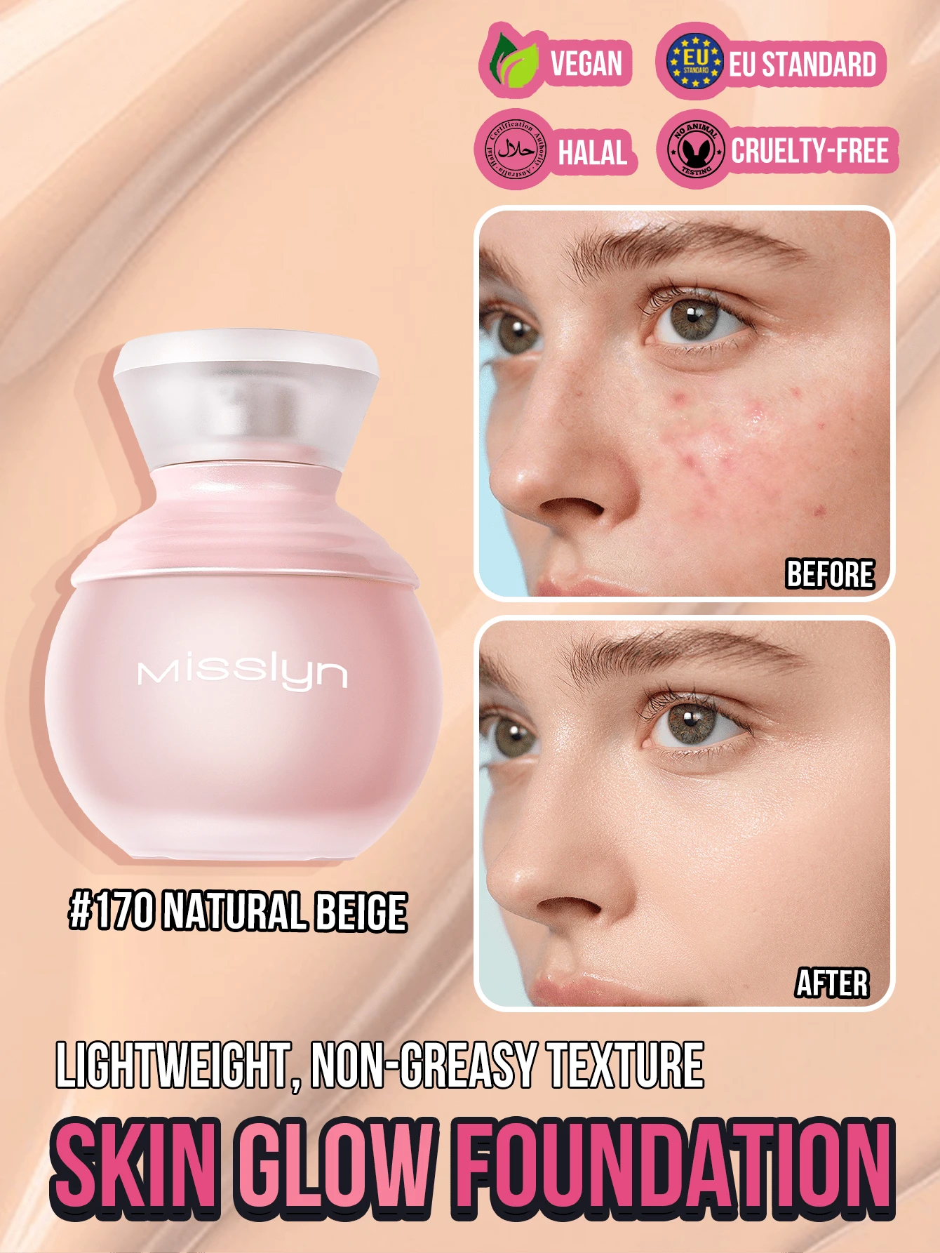 Misslyn Skin Glow Matte Foundation - 轻盈哑光防汗粉底液,持久透气,控油,隐形毛孔,防水防蹭,质地轻盈,适合Y2K妆容、派对、海滩、旅行、露营、户外活动、送礼、玫瑰时尚女孩、新年妆容、角色扮演、最佳旅行假期、缤纷校园魅力氛围、中国新年,纯素,无动物实验 - #170 Natural Beige - 查看 1