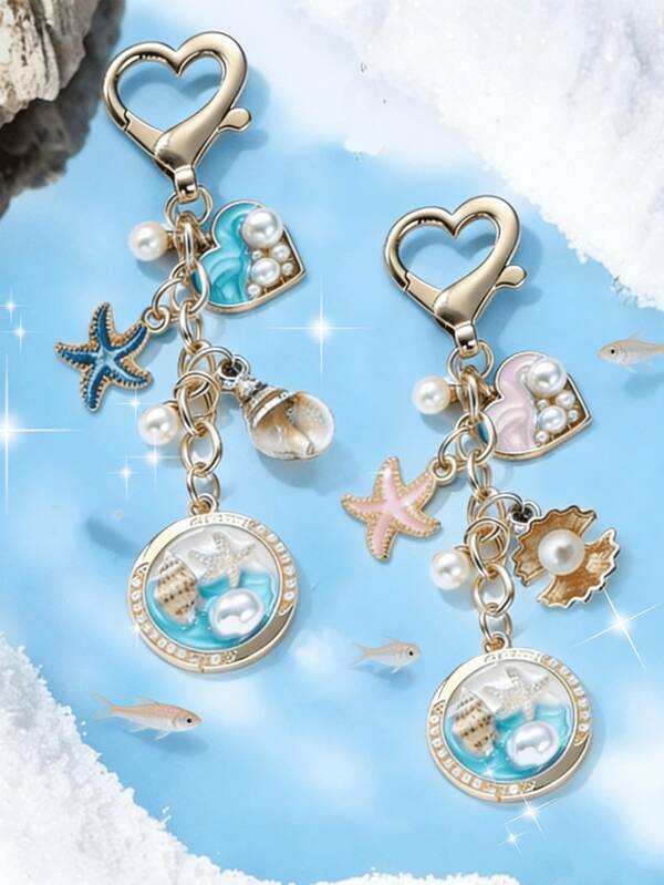 1pc Pearl Heart Starfish Shell Dripping Alloy Keychain, Vintage Fashion Summer Ocean Series Baroque Exquisite Style Bag Car Pendant, Marine Style Keychain With Shell,Summer Vibe Starfish & Faux Pearl Pendants, A Souvenir Gift For Friends And Relatives, For Decorating School Bags, Purses, And Earphone Case