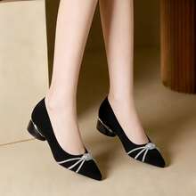 Women's Fashionable & Comfortable Rhinestone Lace-Up Low Vamp Versatile Chunky Heel Pumps - Black - View 2