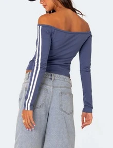 Edikted Womens Long Sleeve Off The Shoulder Tops Going Out 90'S Off Shoulder Long Sleeve T Shirt - 藍色 - 查看 5