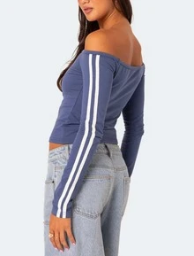 Edikted Womens Long Sleeve Off The Shoulder Tops Going Out 90'S Off Shoulder Long Sleeve T Shirt - 藍色 - 查看 4