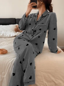 Dreamivo Heart Striped Summer Women's Bubble Wrinkle Print Pajama Set - Short Sleeve Button Collar Top And Pants, Soft Sleepwear, Machine Washable, Can Be Worn Outerwear Women's Long Sleeve Long Pants Pajama Set - Black - View 6