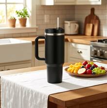 1pc,40 Oz H2.0 Cup, 40oz Cup Stainless Steel Vacuum Insulated Tumbler With Lid And Straw For Water, Iced Tea Or Coffee, Smoothie And More, 40oz Reusable Double Walled Vacuum Insulated Stainless Steel Water Bottle With Handle For Outdoor Activities, Camping - màu đen - Xem 2