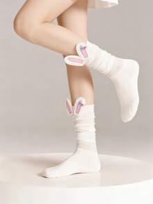 1 đôi tất cao đến đầu gối họa tiết tai thỏ dễ thương, ngọt ngào, đa năng cho mùa xuân. - Nhiều màu - Xem 4