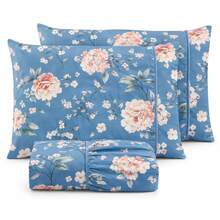 400 Thread Count Micropercal Bedding Set With Hemstitching, Double, Queen, And Single Sizes, Printed, Extra Soft And Comfortable Touch. - Floral azul - Ver 1