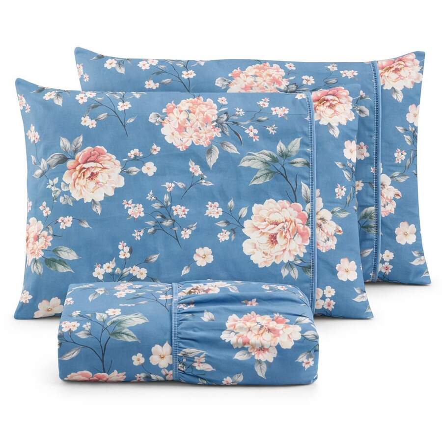 400 Thread Count Micropercal Bedding Set With Hemstitching, Double, Queen, And Single Sizes, Printed, Extra Soft And Comfortable Touch. - Floral azul - Ver 1