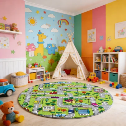 1pc Urban Traffic Road Daily Life Round Carpet, Suitable For Living Room Carpet, Carpet, Living Room Area Carpet, Area Small Carpet, Mat, Home Decor, Large Living Room Carpet, Round Carpet, Living Room Home Decor, Room Decor, Washable Carpet