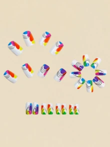 24 piezas Pegatinas de uñas con patrón de color de contraste abstracto; Pegatinas de uñas artificiales multicolor de alta saturación Estilo Y2K Uñas cuadradas para primavera - Multicolor - Ver 2