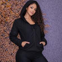 Women's Sports Jacket With Front Pockets And Hood - Black - View 7