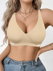 Women's Deep V Bra, Wireless Comfort Support Bra, Push Up T-Shirt Bra, Seamless Deep V Bra, Women's Summer Bra - 杏色 - 查看 1