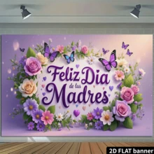 1 pezzo Striscione piatto 2D per la Festa della Mamma in Spagna, con rose colorate e farfalle luccicanti, realizzato in tessuto di poliestere, adatto per la decorazione domestica, cerimonie di laurea e celebrazioni interne/esterne, elegante sfondo viola decorativo in rete - A - Visualizzare 6