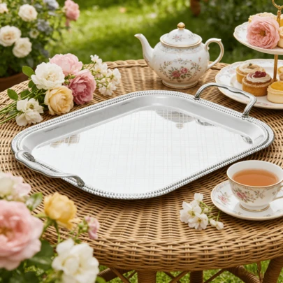 1pc Minimalist Silver Metal Rectangular Tray, Classic Silver Tone With Elegant Diamond Pattern Tray Surface, Raised Bead Edge Design With Dual Handles, Practical And Decorative, Suitable For Hosting, Parties, Weddings, Home Decor, Kitchen, Bar, Hotel And Restaurant Multipurpose Decorative Tray
