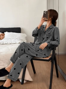 Dreamivo Heart Striped Summer Women's Bubble Wrinkle Print Pajama Set - Short Sleeve Button Collar Top And Pants, Soft Sleepwear, Machine Washable, Can Be Worn Outerwear Women's Long Sleeve Long Pants Pajama Set - Black - View 3