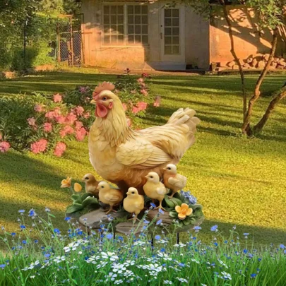 Cọc trang trí sân vườn hình gà mái và gà con bằng acrylic chống thấm nước, bền chắc, dùng ngoài trời.