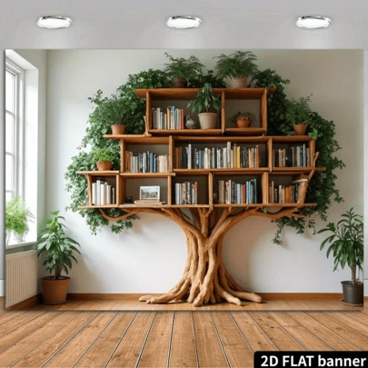 Biểu ngữ treo hình cây gỗ tự nhiên 2D, 1 chiếc - Vân gỗ gốc cây + Thiết kế cây xanh nhiều tầng, Thích hợp làm phông nền chụp ảnh, trang trí tường nhà và tiệc tùng, Treo tiện lợi trong nhà/ngoài trời, Vải polyester có thể tái sử dụng - Biểu ngữ treo chủ đề cây cối và giá sách