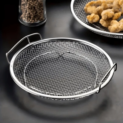 1 rổ lọc dầu tròn bằng thép không gỉ, giá để ráo dầu chiên chịu lực cao có khay hứng, rổ lưới tái sử dụng - Lý tưởng cho việc chiên và nướng, dụng cụ lọc nhà bếp, dụng cụ nướng BBQ cắm trại ngoài trời, bền và dễ vệ sinh, không cần điện hoặc que magie/đá lửa, rổ lưới kim loại tròn có khay hứng dầu, chịu được dầu khi chiên, có thể rửa bằng máy rửa chén (đường kính 16cm/26cm)