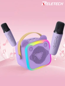Reletech 粉色家用KTV音響套裝，16個驅動單體音訊，DSP晶片4種音效模式，漸層LED燈，一鍵人聲消除，雙麥克風，兼容WeSing，適合旅行與家庭派對 - 彩色 - 查看 3