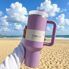 1pc,40 Oz H2.0 Cup, 40oz Cup Stainless Steel Vacuum Insulated Tumbler With Lid And Straw For Water, Iced Tea Or Coffee, Smoothie And More, 40oz Reusable Double Walled Vacuum Insulated Stainless Steel Water Bottle With Handle For Outdoor Activities, Camping - 紫色 - 查看 1