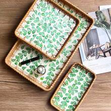 1pc Southeast Asian Handmade Rattan & Shell Square Tray, Breakfast, Afternoon Tea Decor Tray, Fruit Plate, Home Living Room Snack Storage Tea Tray - Multicolor - View 7