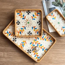 1pc Southeast Asian Handmade Rattan & Shell Square Tray, Breakfast, Afternoon Tea Decor Tray, Fruit Plate, Home Living Room Snack Storage Tea Tray - Multicolor - View 6