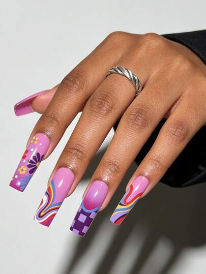 24 Móng Tay Giả Dài Hình Quan Tài Màu Hồng Phong Cách Y2K Hoa Văn Bàn Cờ Xoáy Móng Tay Giả ABS Dành Cho Phụ Nữ và Bé Gái