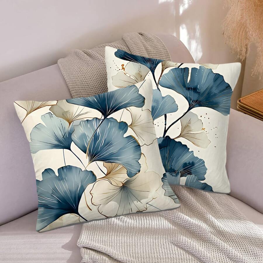 2pcs Ginkgo Leaf Abstract Modern Art Throw Pillow Covers - Soft Polyester, No Insert Needed - Great For Sofa, Bed, Car And Living Room Decor - White/Blue - Multicolor - View 1