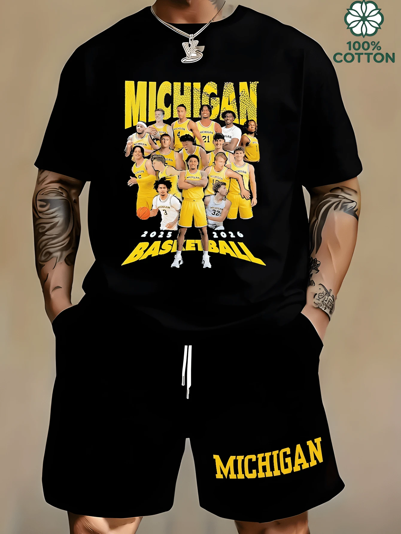 Michigan Wolverine NCAAA Men's Basketball Team 2025-2026 Season T-Shirt Set - Black - View 1