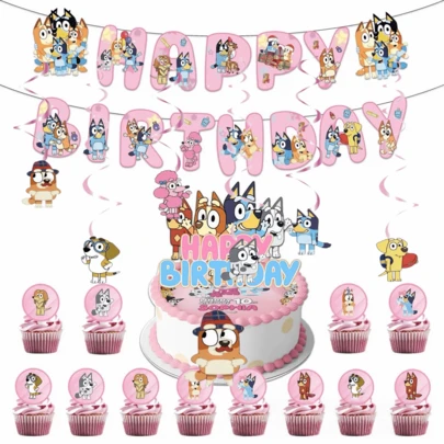  20pcs Bluey Theme Birthday Party Supplies, Including Pennant Flags, Spiral Cake Toppers, Birthday Cake Decorations, Party Decorations For Birthday, Baby Shower, Gender Reveal, Home Decor, Room Decor, Tabletop Decor, Suitable For Birthday, Wedding, Party, Family Picnic