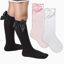 Set Of 3 Pairs Of Children's 3/4 Socks For Parties, Sizes 16-33, Satin Bow, Long Length, Teen Girl, Christening, Wedding, Flower Girl, Social, Dance, Events, Elegant, Schoolgirl - 白色,黑色和粉紅色 - 查看 10