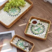 1pc Southeast Asian Handmade Rattan & Shell Square Tray, Breakfast, Afternoon Tea Decor Tray, Fruit Plate, Home Living Room Snack Storage Tea Tray - Multicolor - View 3