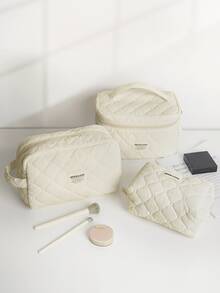 1 pieza Bolsa de cosméticos acolchada con relieve en beige, de textura suave, lavable y fácil de limpiar, bolsa de maquillaje vintage de gran capacidad y organizador de viaje, bolsa de almacenamiento multifuncional para lápiz labial, toallas sanitarias, monedas, llaves, etc., bolsa de maquillaje de espuma minimalista y cómoda, con diseño de cremallera, ligera y esponjosa, adecuada para el nuevo período escolar, el Día de la Madre, el cumpleaños, la primavera/verano, el aniversario, las vacaciones, el regreso a la escuela, estuche de cosméticos - Beis - Ver 9