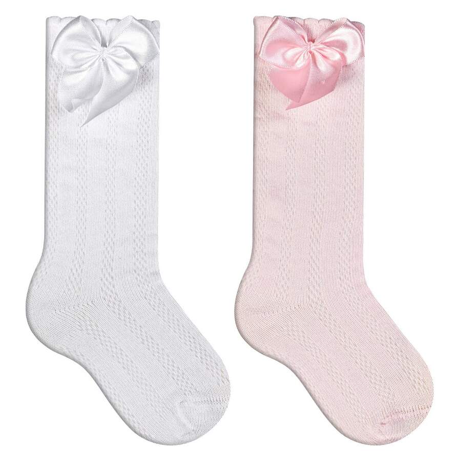 Children's 3/4 Party Socks 16-33 Satin Bow Long Shaft Youth Girl Baptism Wedding Flower Girl Social Dance Events Elegant Quality Soft Touch Coquette Korean Anime Schoolgirl - 白色和粉紅色 - 查看 1
