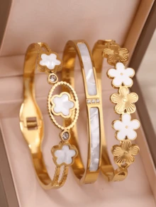 18K镀金不锈钢花朵四叶草镶嵌彩色立方氧化锆，适合女性日常佩戴，波西米亚风格，尽显大方个性，奢华优雅的黄金首饰，婚礼配饰套装，适合女孩、女士、母亲、朋友，是婚礼、生日、母亲节、情人节等场合的精美礼物。 - 金色 - 查看 16