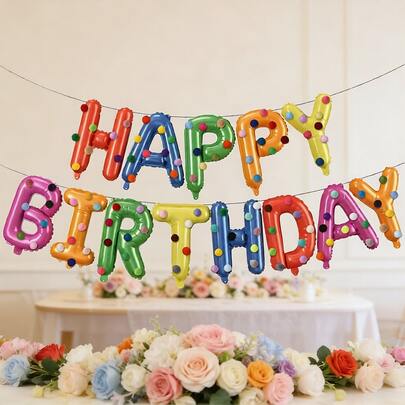 生日派对套装，彩虹色气球，毛毡球组合装，优质铝箔拉伸横幅，生日快乐墙饰
