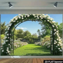 2D Flat Romantic Floral Garden Arch Backdrop With Black Metal Gate And Roses - Photo Prop, Suitable For Celebrations, Parties And Outdoor Decor, Made Of Polyester, No Power Needed, Party Decoration, Elegant Background, Natural Appearance, Garden Decor - A - View 6