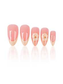 24pcs Summer Fresh Yellow Almond Shaped Fake Nails Set, Cute Floral Pattern, Metal Rhinestone Decor, French Glossy Nail Stickers, Make You Look Elegant And Charming, Suitable For Summer - Multicolor - View 3