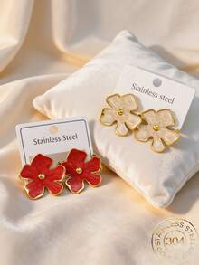 女士厚金花朵造型耳环，低过敏性镀金多层花瓣叶子红白耳钉，时尚首饰 - 金色 - 查看 1