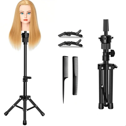 حامل الباروكة، حامل ثلاثي القوائم، حامل معدني قابل للتعديل - مثالي للتدريب العملي لمصففي الشعر، عروض التصفيف، رؤوس نموذجية، كتل رغوية، وأرؤوس من الورق المقوى (لا يشمل رأس نموذجي)