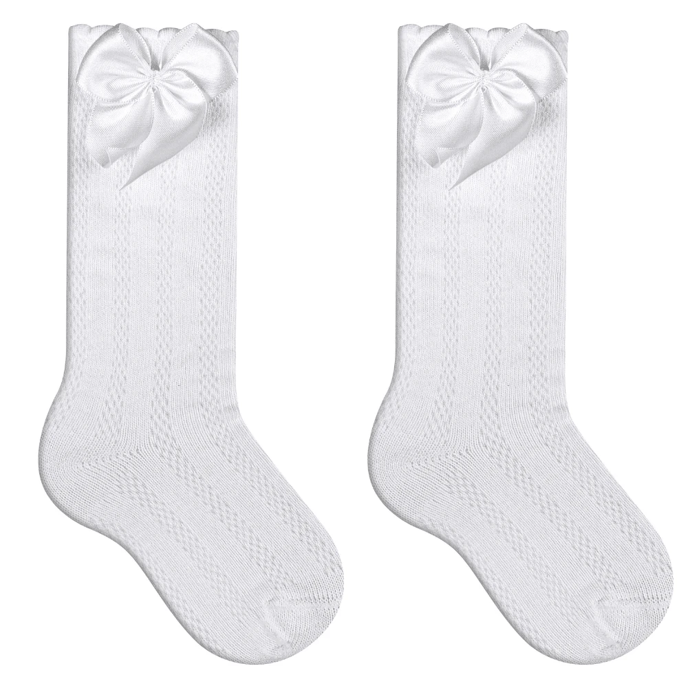 Children's 3/4 Party Socks 16-33 Satin Bow Long Shaft Youth Girl Baptism Wedding Flower Girl Social Dance Events Elegant Quality Soft Touch Coquette Korean Anime Schoolgirl - 2雙白色 - 查看 1