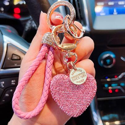 Llavero con forma de corazón completamente cubierto de rhinestones, accesorio de uso diario de moda, llavero de coche, colgante de llavero de cordón de cuero PU con brillo, regalo de moda para mujeres, decoración de llavero, regalo para amigos y parejas, Día de la Madre, Día del Padre